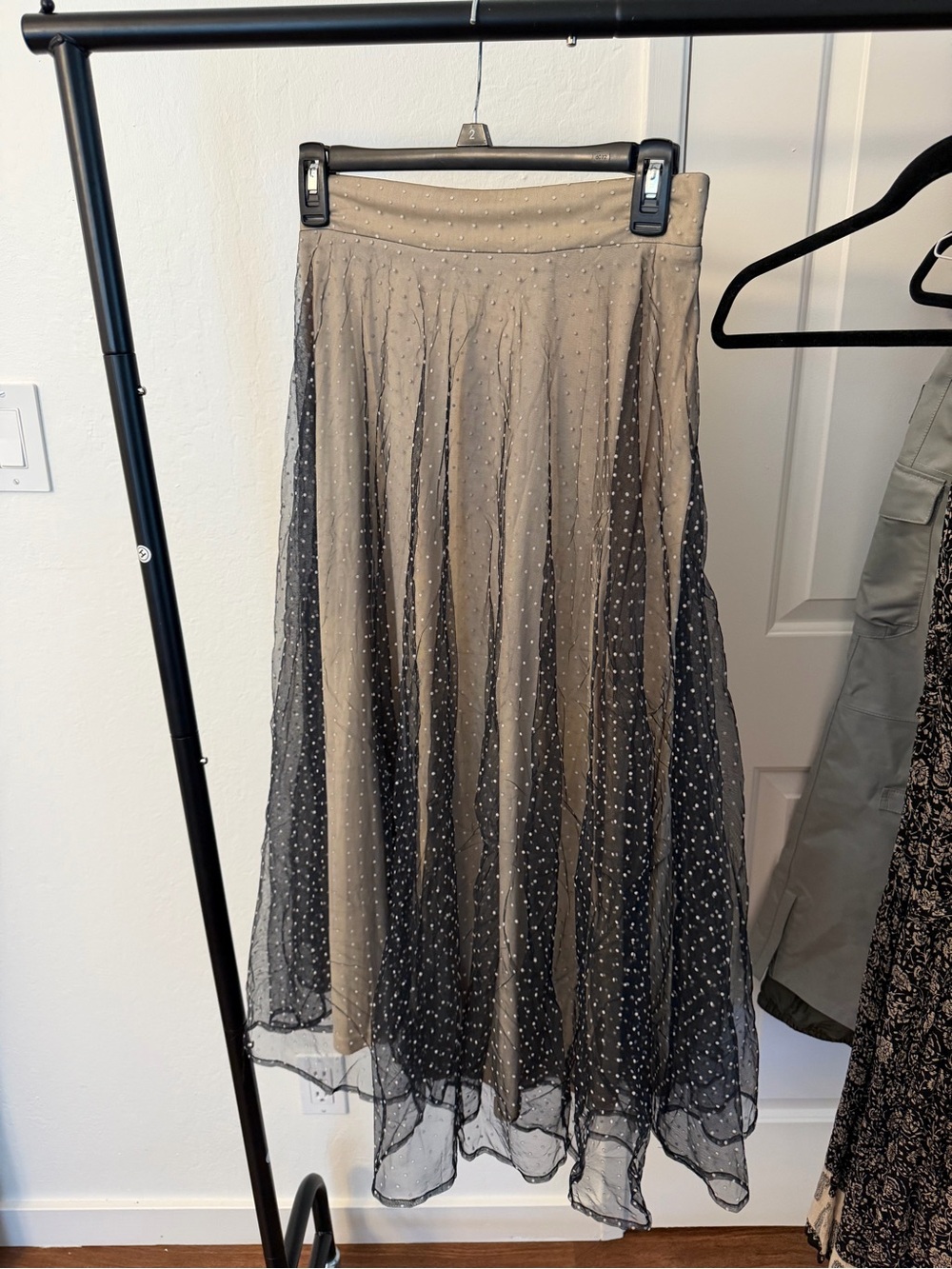 Lulu's Taupe Skirt with Black Sheer Polka-Dot Overlay